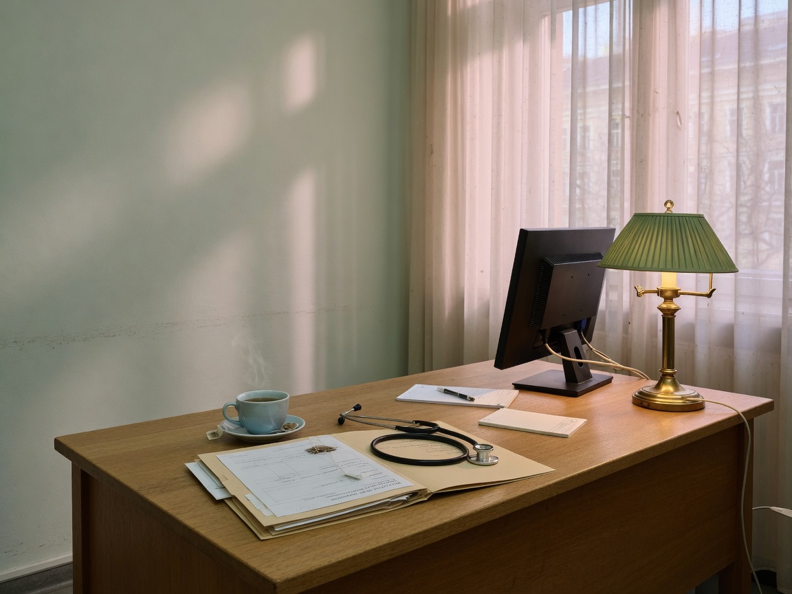 Sprechzimmer mit Schreibtisch, Stethoskop und Tageslicht
