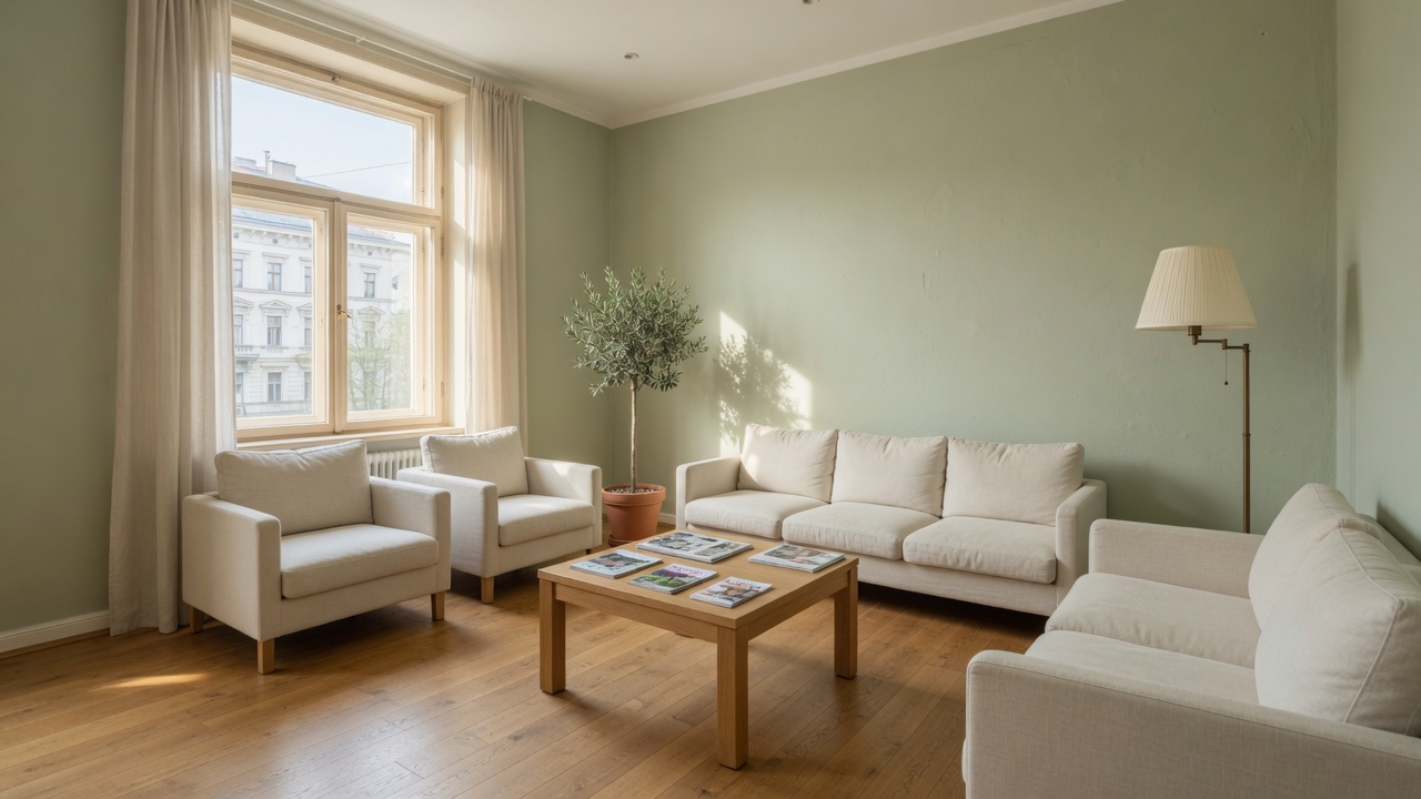 Wartezimmer der Ordination mit Tageslicht und ruhiger Sitzecke
