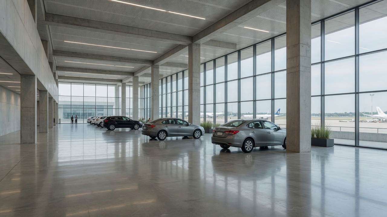 Ausgabehalle am Flughafen mit bereitstehenden Fahrzeugen