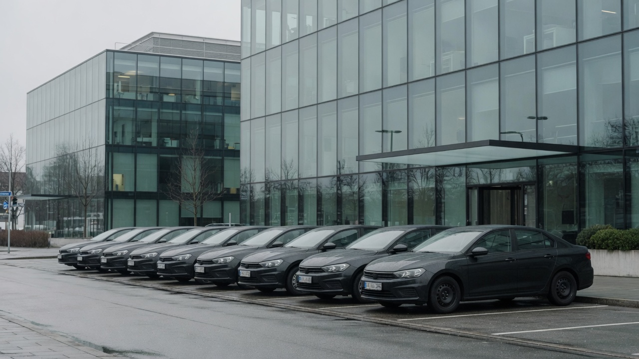 Reihe dunkler Firmenwagen vor einem Glasgebäude