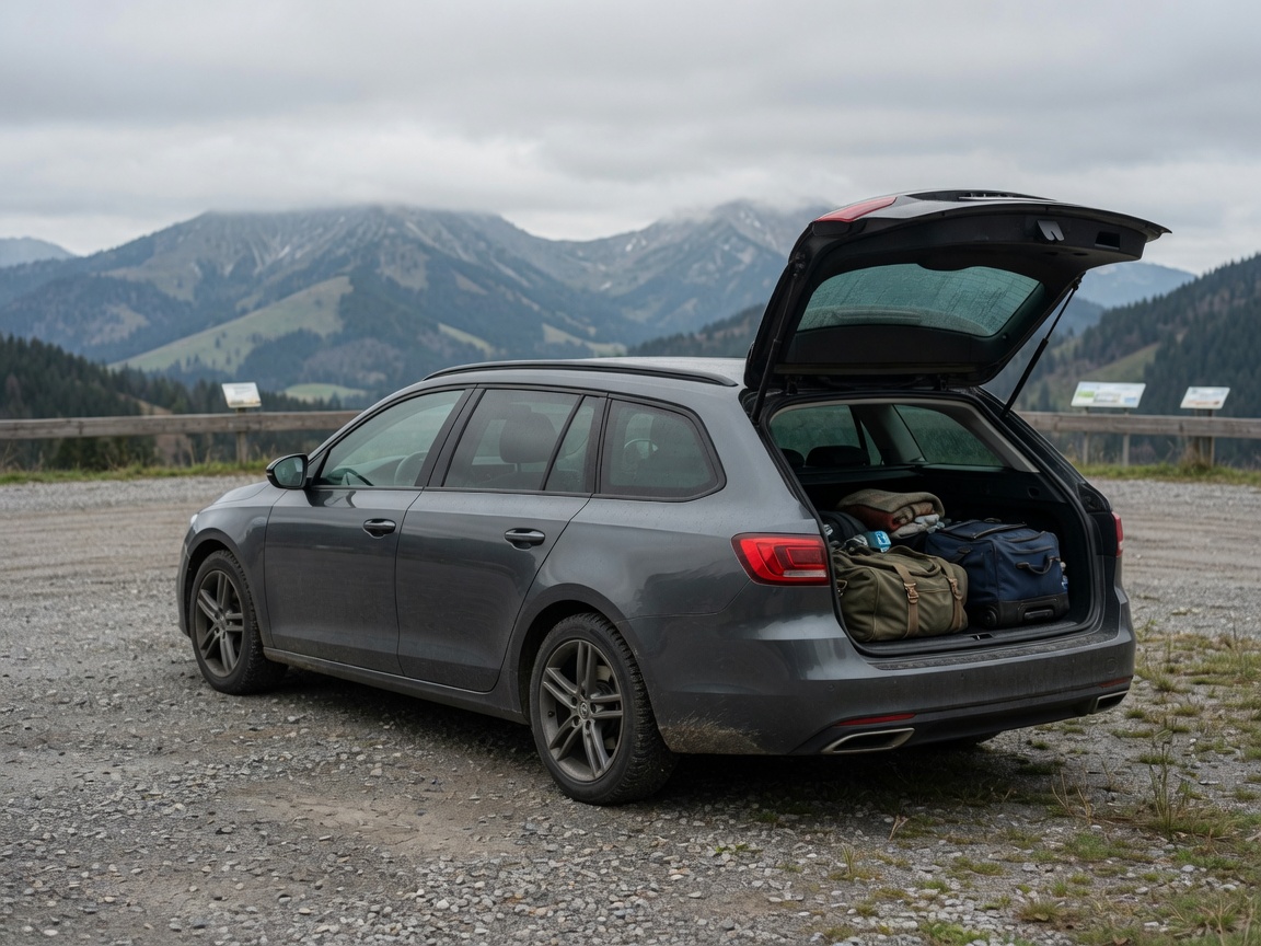 Dunkler Kombi mit geöffneter Heckklappe vor Alpenkulisse