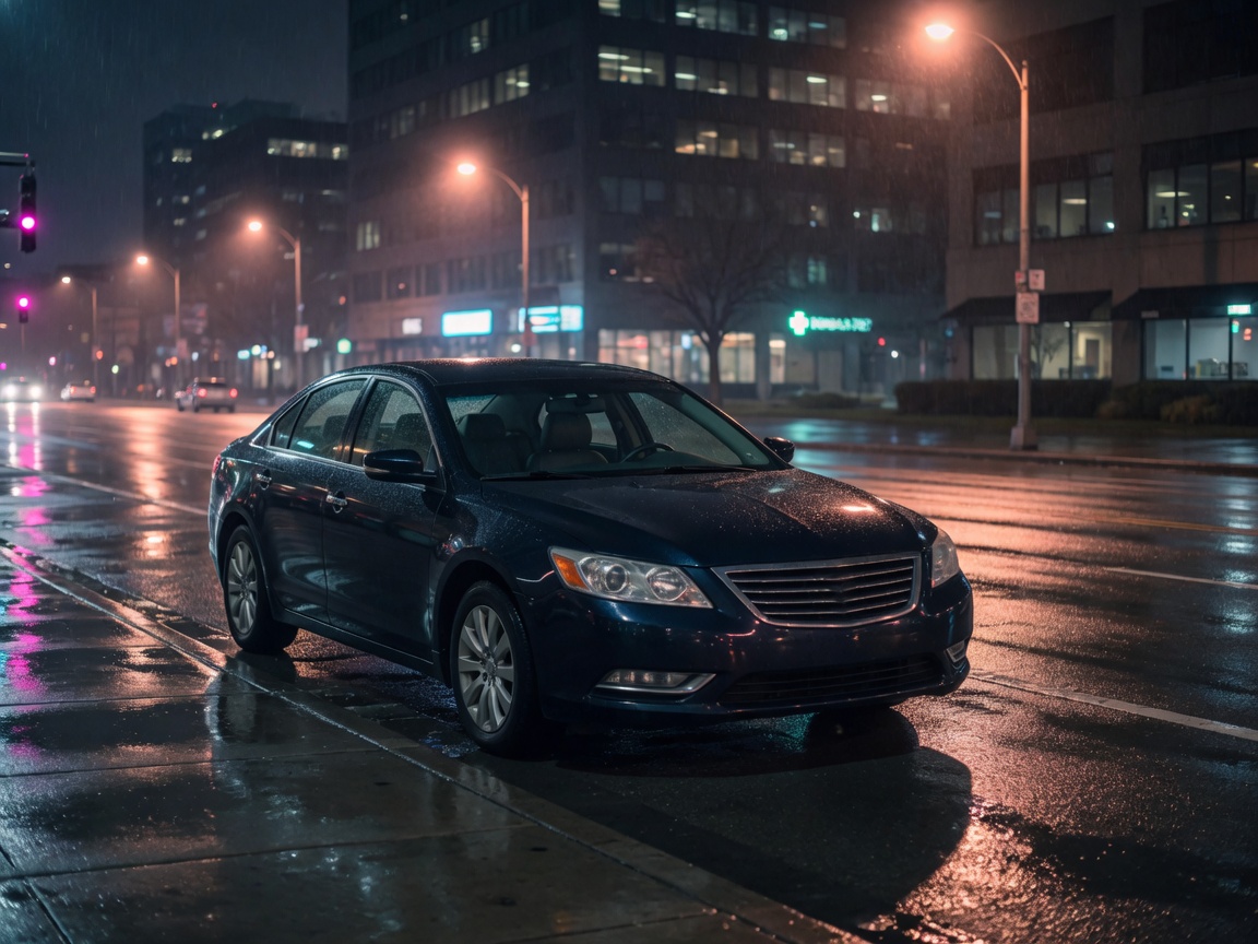 Dunkle Premium-Limousine bei Regen unter Straßenlaternen
