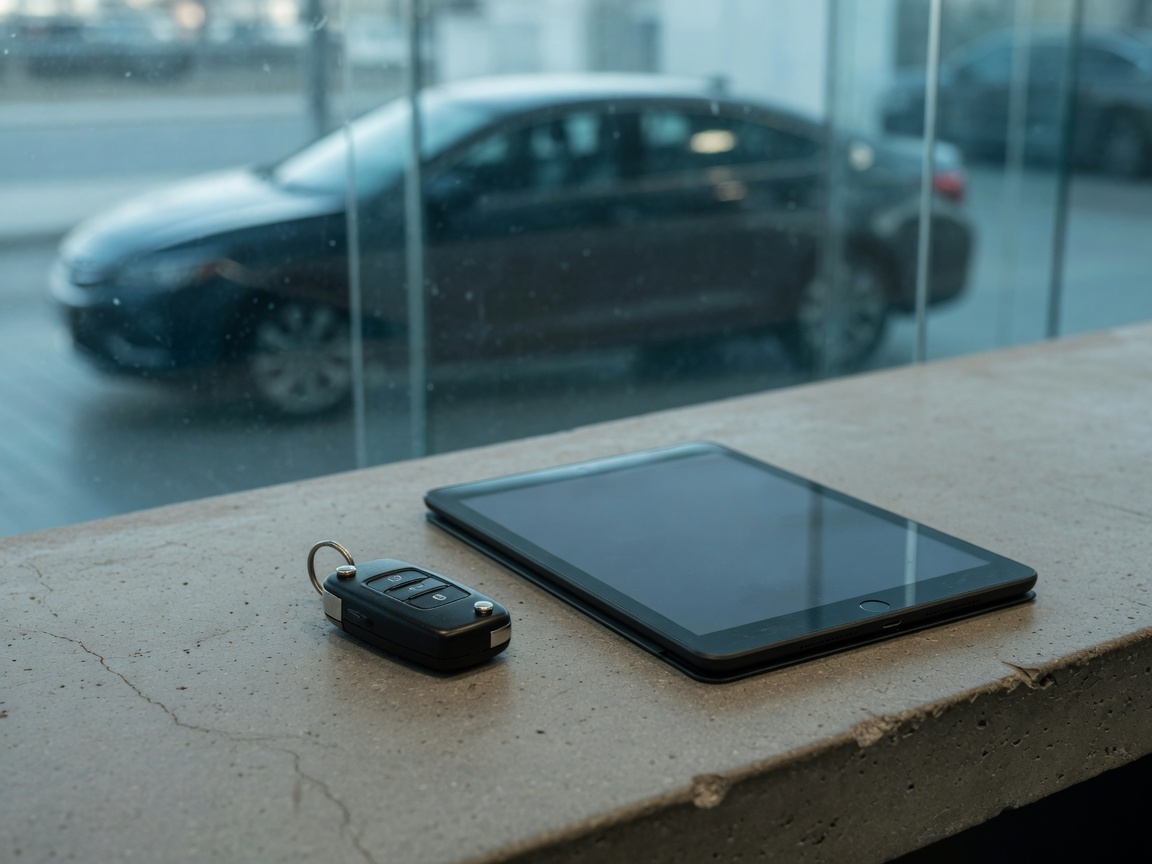 Autoschlüssel und Tablet auf dem Tresen der Station