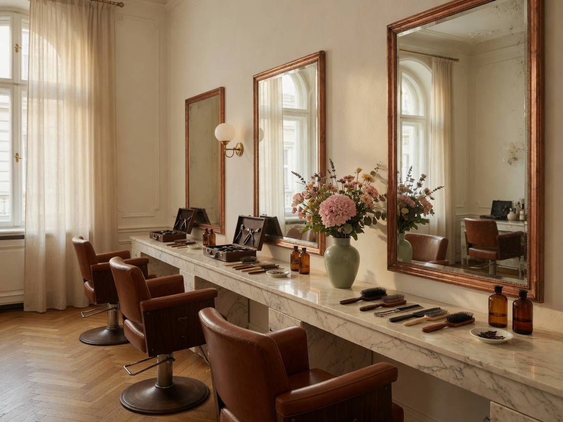 Stylingstühle und Kupferspiegel im Atelier