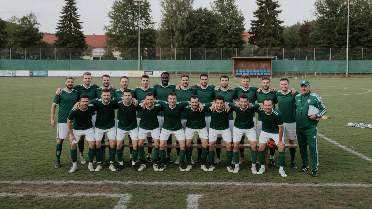 Kampfmannschaft in Grün-Weiß vor dem Mannschaftsfoto