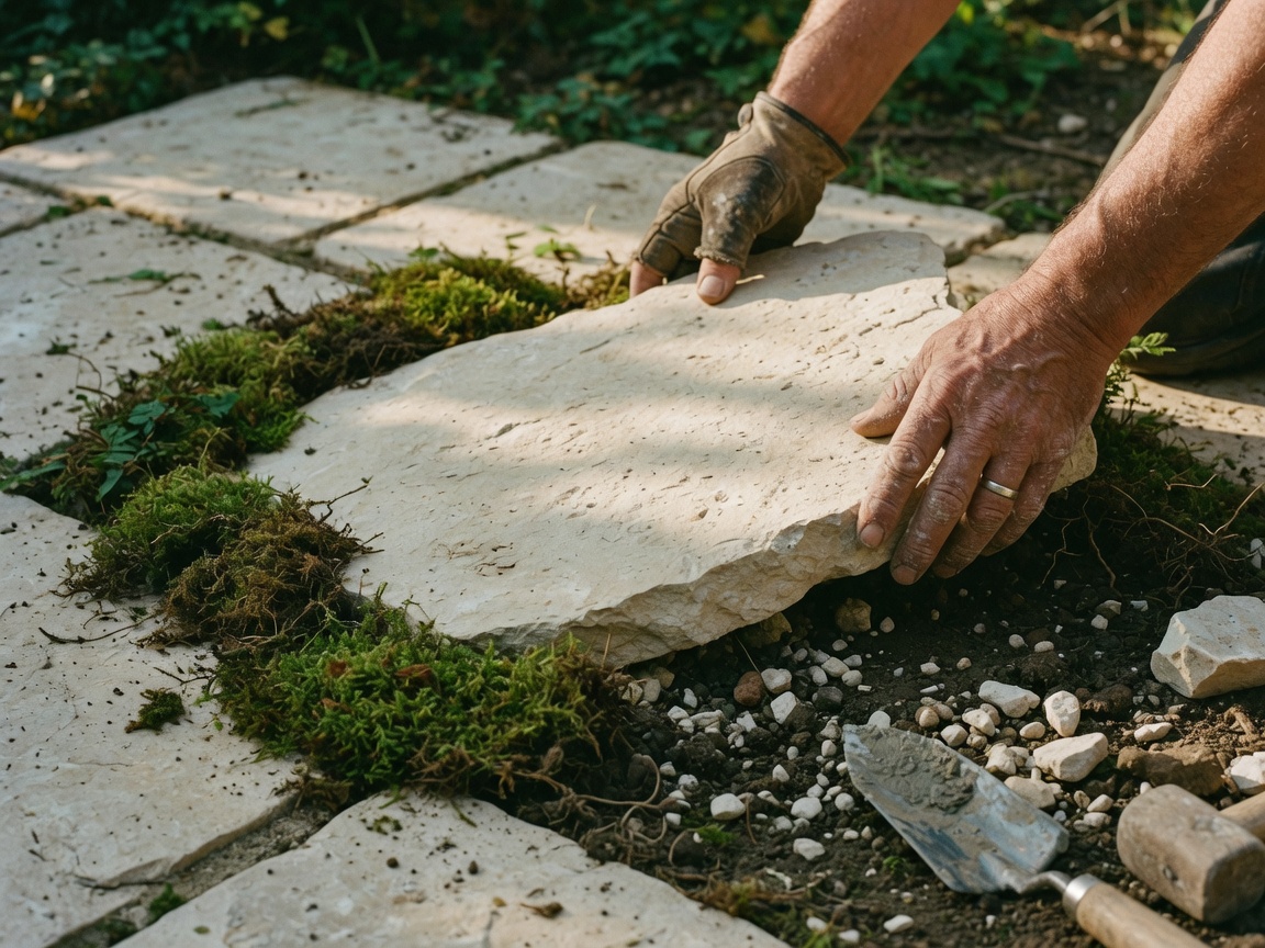 Steinmetz setzt eine Kalksteinplatte in eine Gartenterrasse