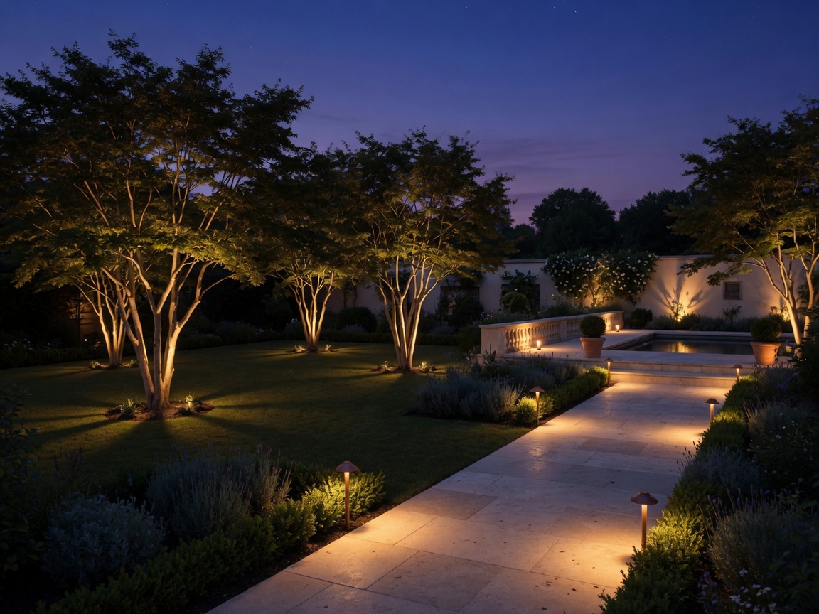 Garten bei Nacht mit Baumaufhellung und Wegleuchten