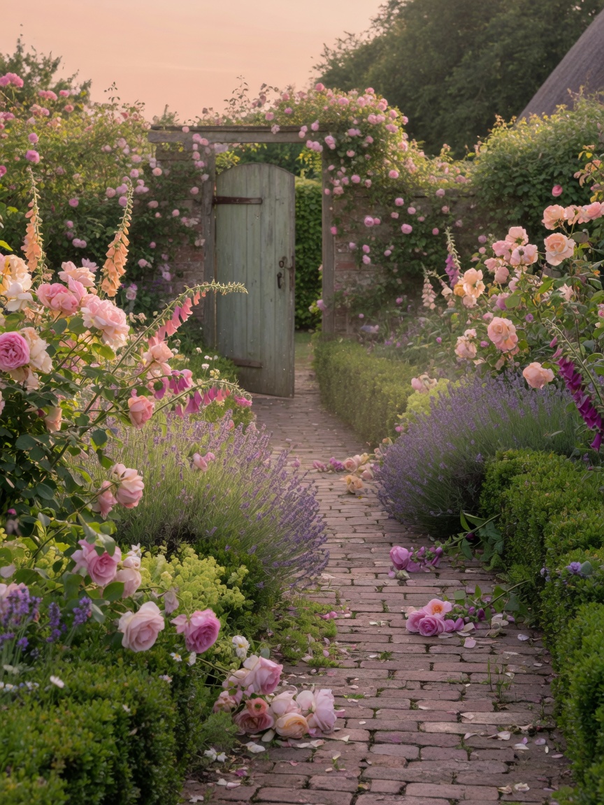 Bauerngarten mit Rosen, Fingerhut und Ziegelweg