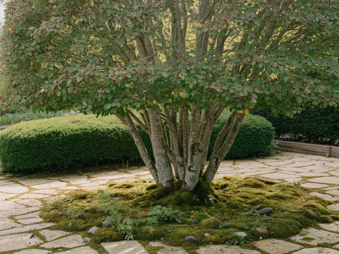 Mehrstämmiger Baum mit Moosteppich und Natursteinpflaster