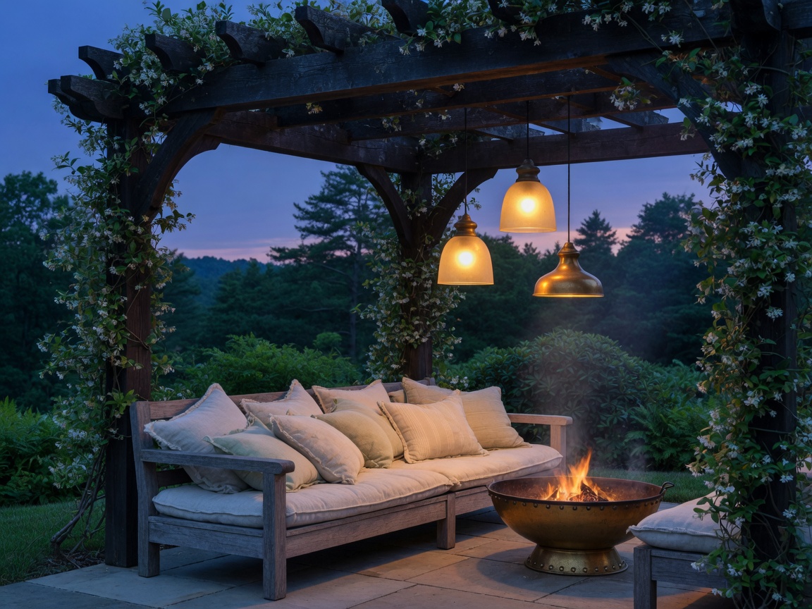 Pergola mit Lounge, Feuerstelle und Abendlicht