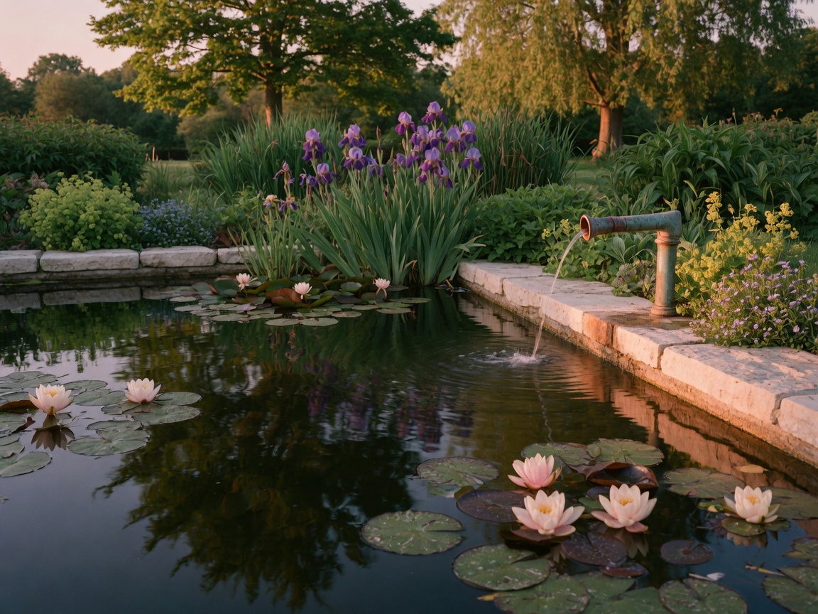 Gartenteich mit Seerosen, Schwertlilien und Kupferauslauf
