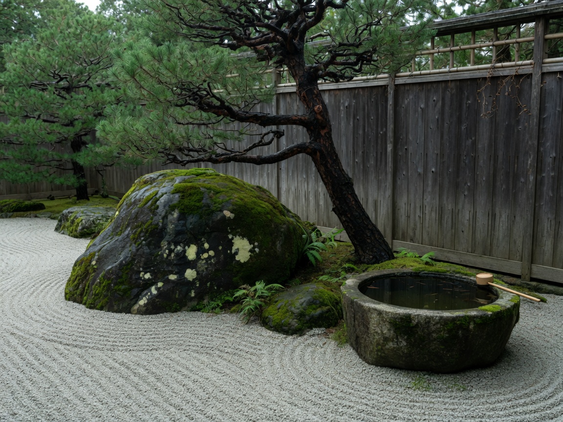 Japanischer Innenhof mit Kies, Felsen und Steinbecken