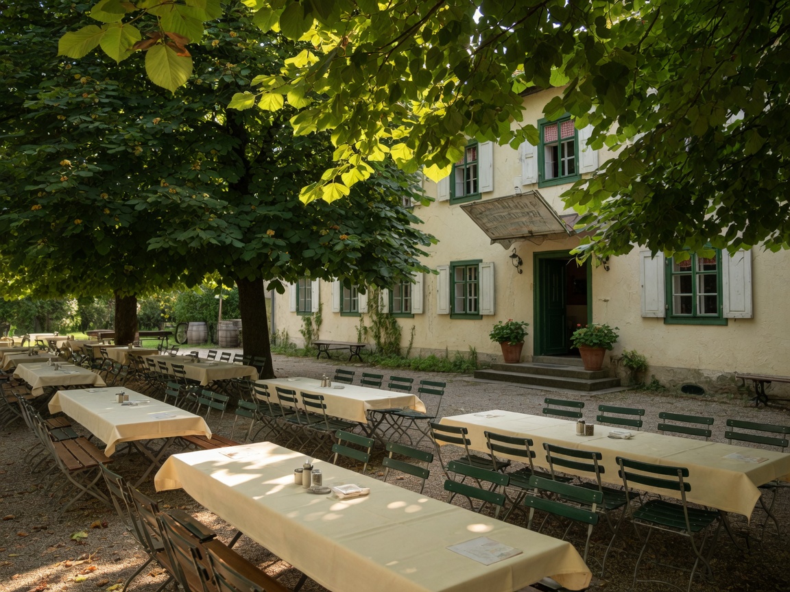 Gedeckte Tafeln im Gastgarten unter Linden