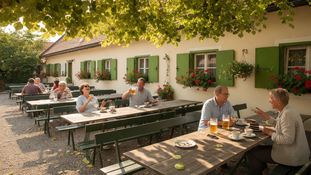 Gäste sitzen lachend im schattigen Gastgarten des Lindenhofs