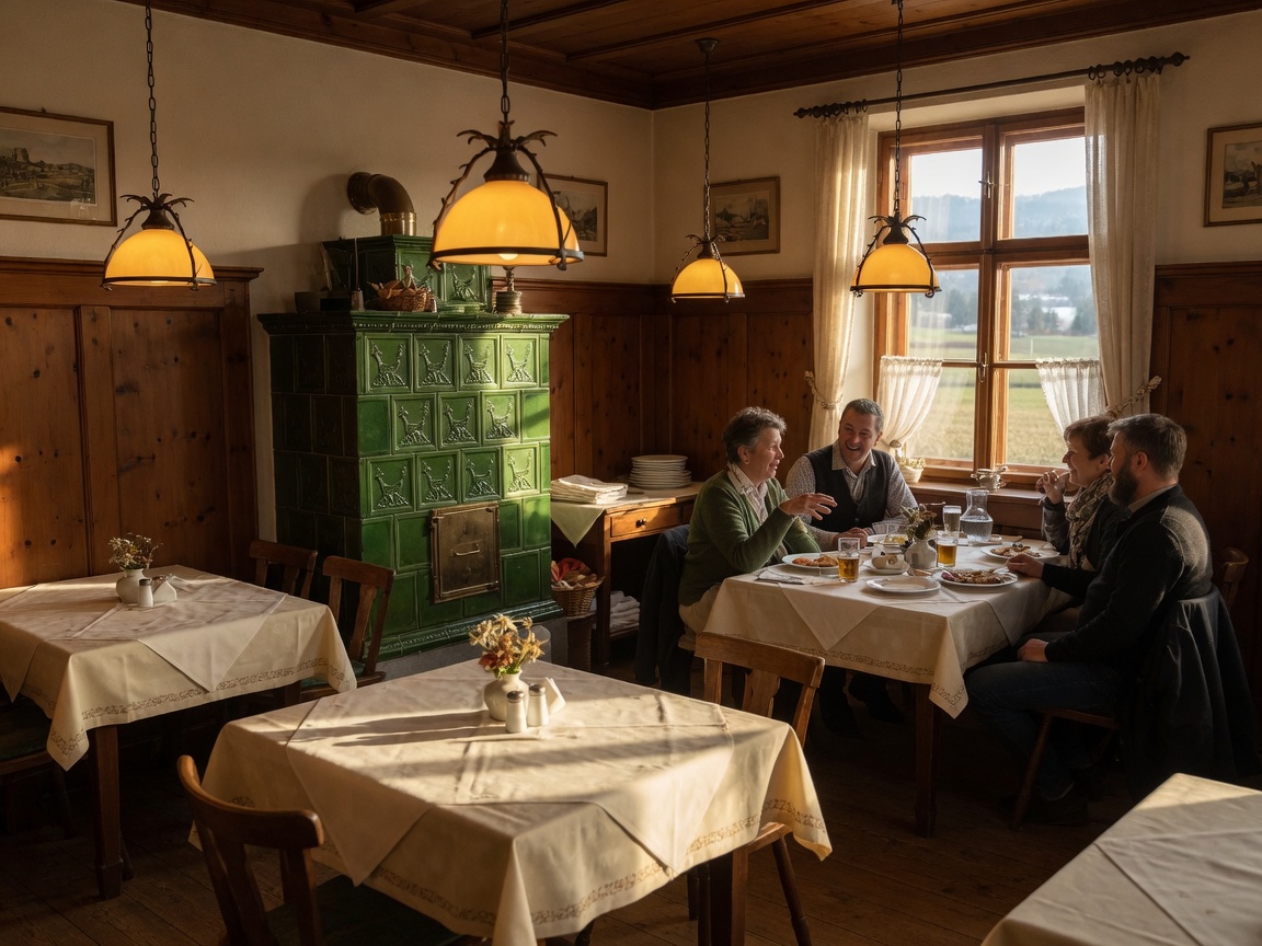 Stube mit grünem Kachelofen und gedeckten Tischen