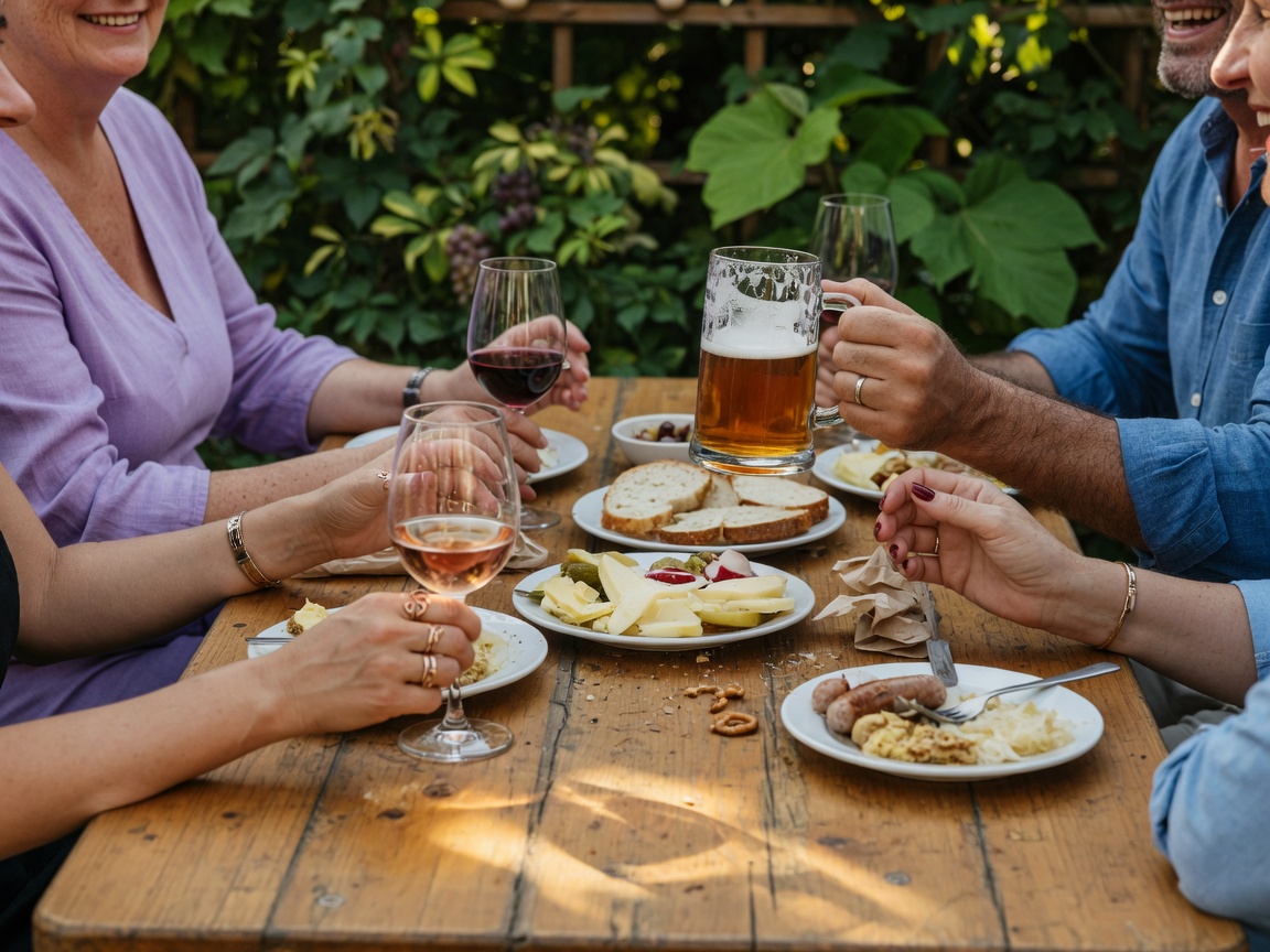 Gäste am Tisch im Gastgarten