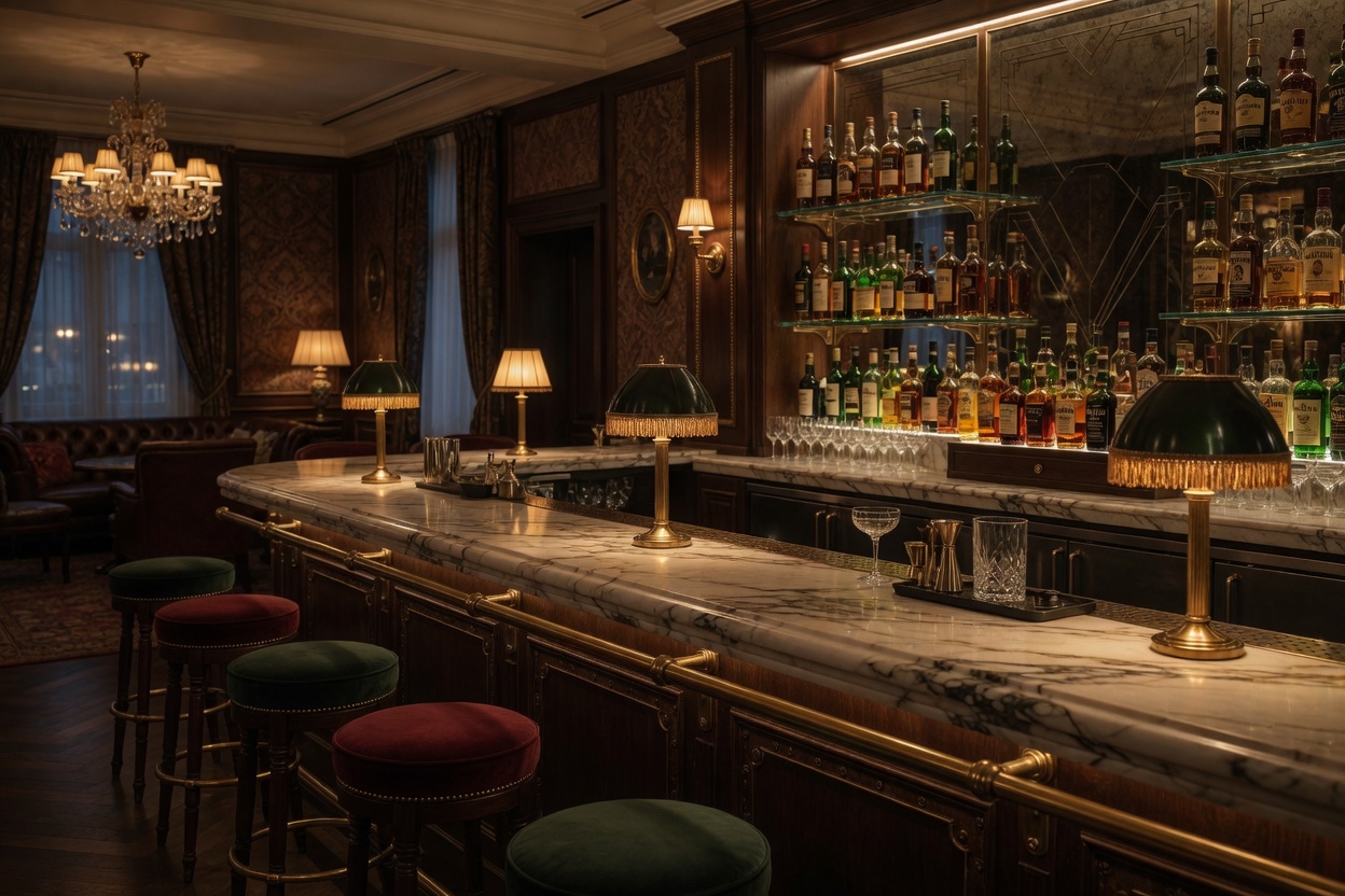 Bar No. 14 mit Nussbaum, Messing und Marmortresen