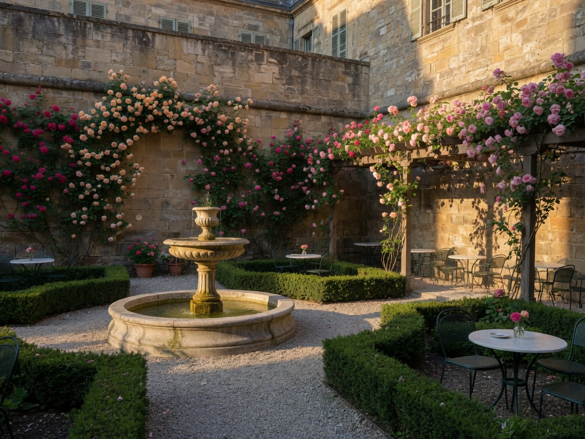 Innenhof mit Buchs, Brunnen und Pergola