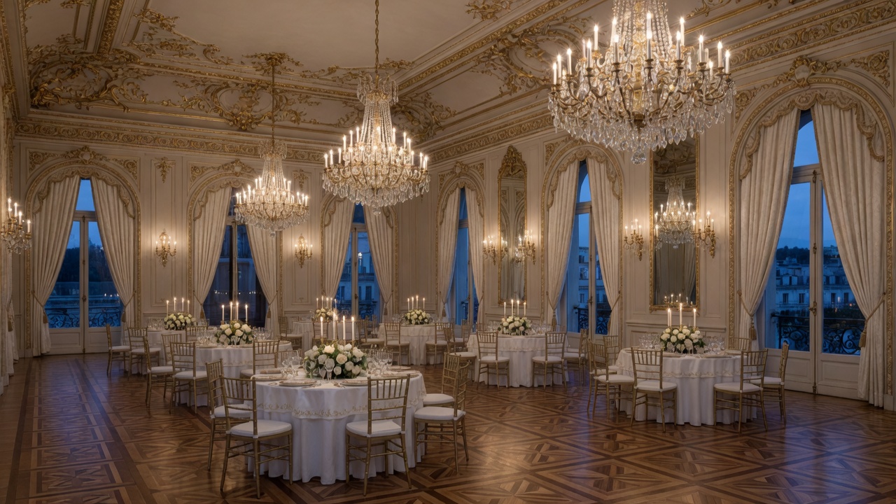 Goldener Saal mit Kristallleuchtern und festlich gedeckten Tafeln