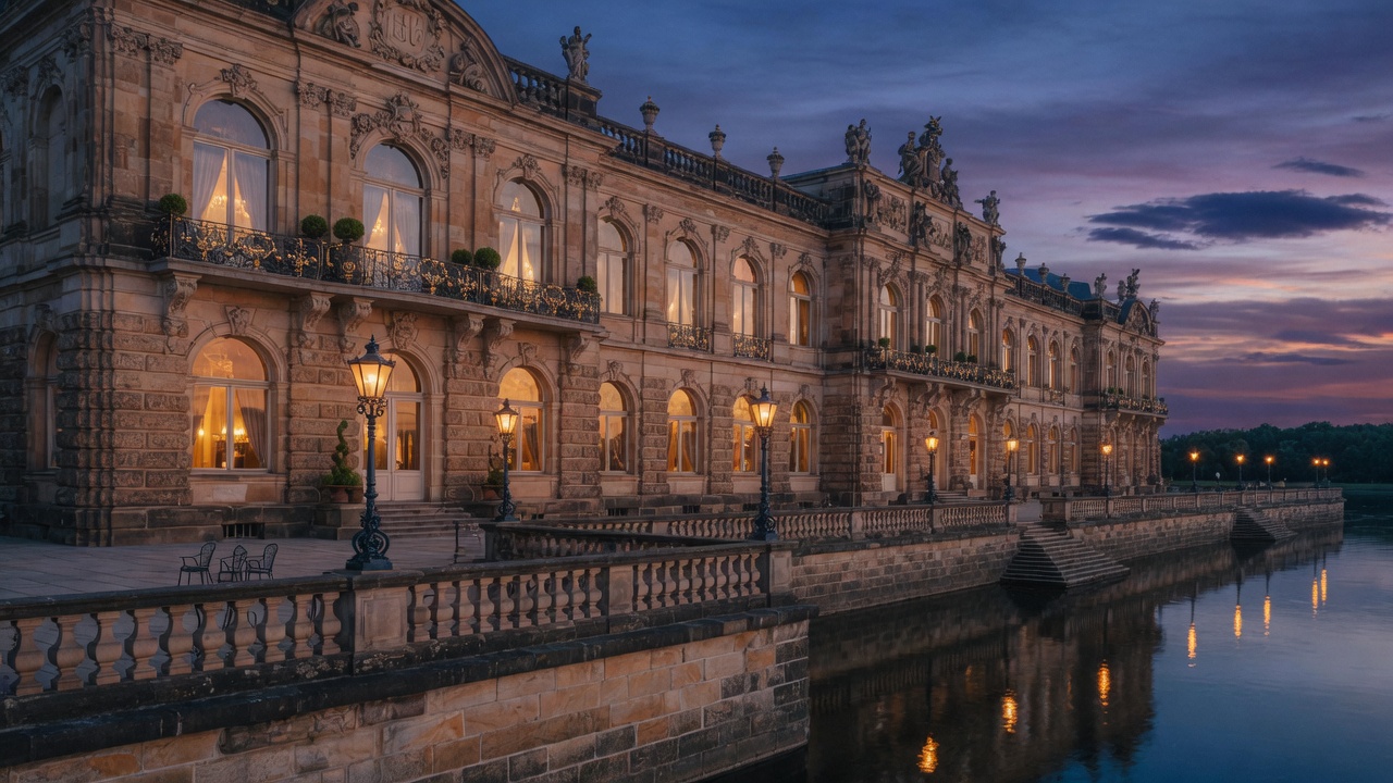 Palais Aurelia bei Abenddämmerung am Elbufer in Dresden