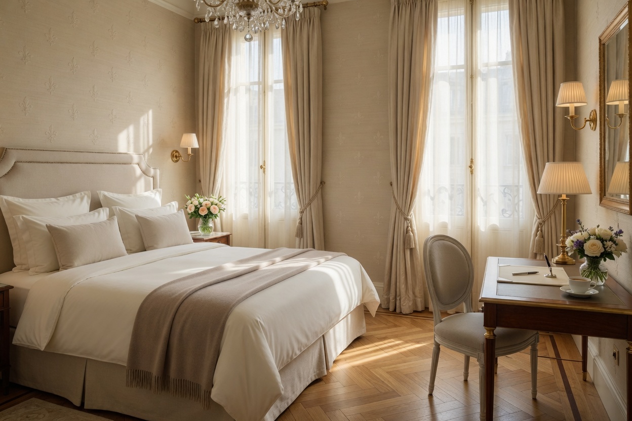 Deluxe Zimmer mit Kingsize-Bett, Schreibpult und Morgenlicht