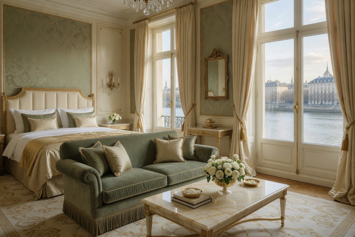 Junior Suite mit Salonteppich, Samtsofa und Blick auf die Elbe