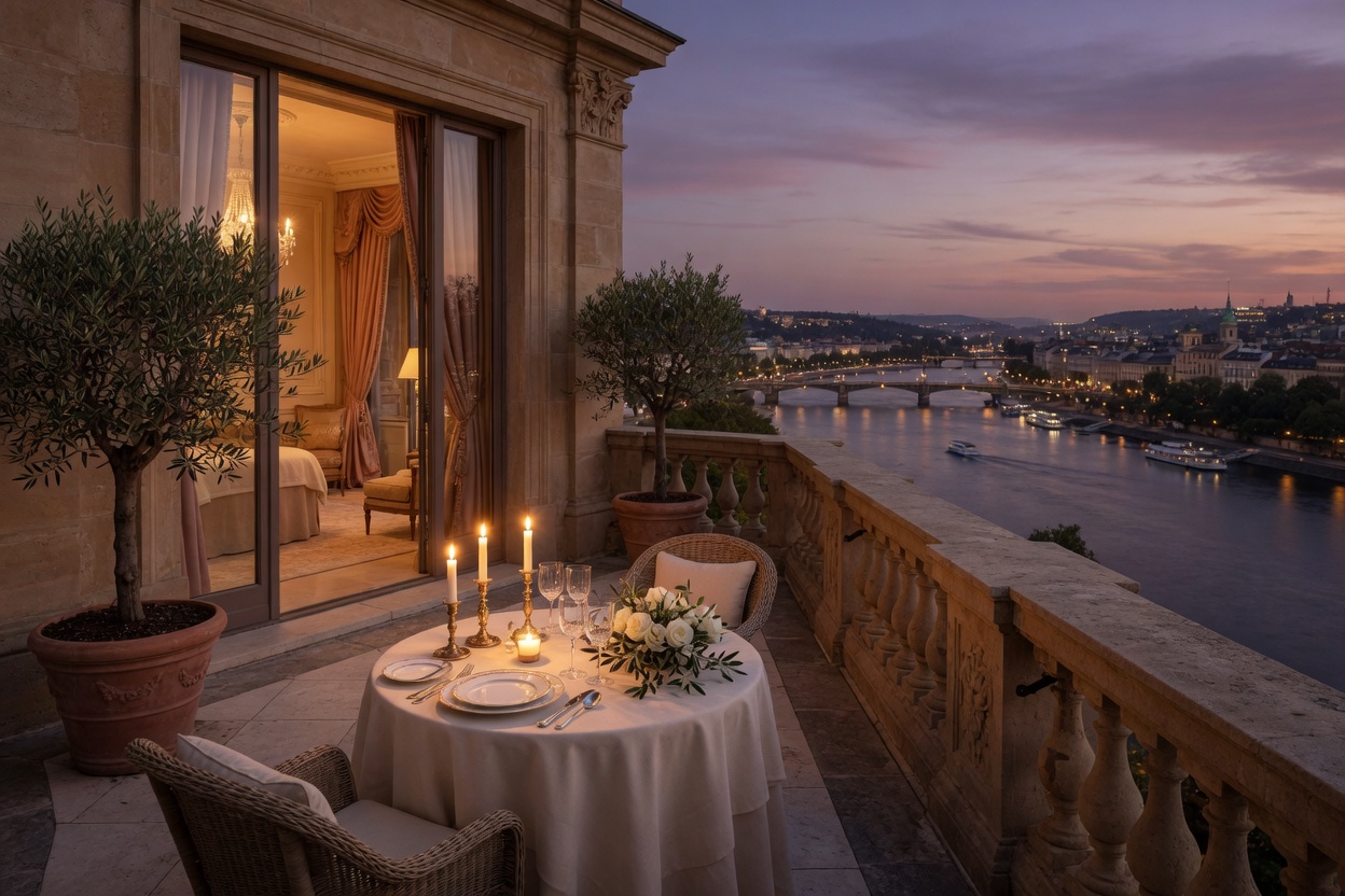 Private Dachterrasse des Aurelia Penthouse mit gedecktem Tisch