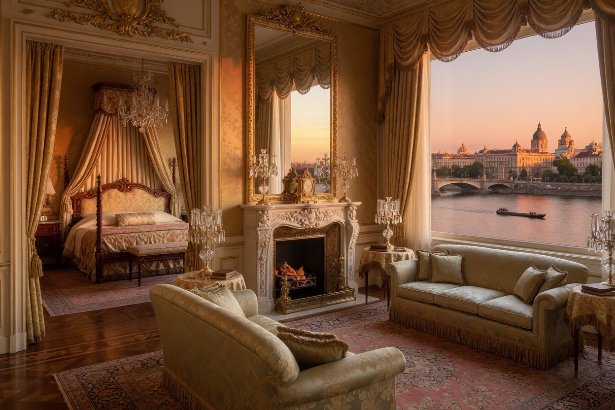 Palais Suite mit Kamin, Seidensofas und Blick auf die Altstadt