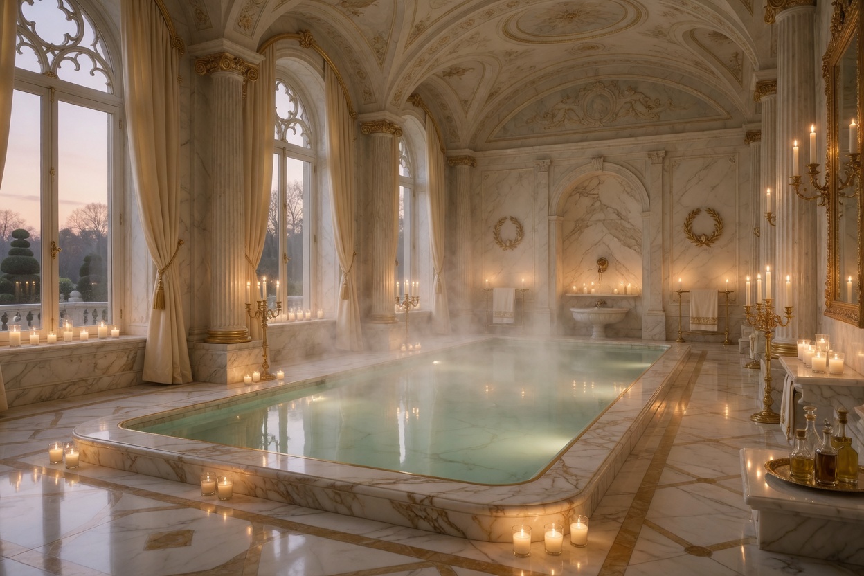 Marmorbecken der Therme Aurelia im Kerzenlicht