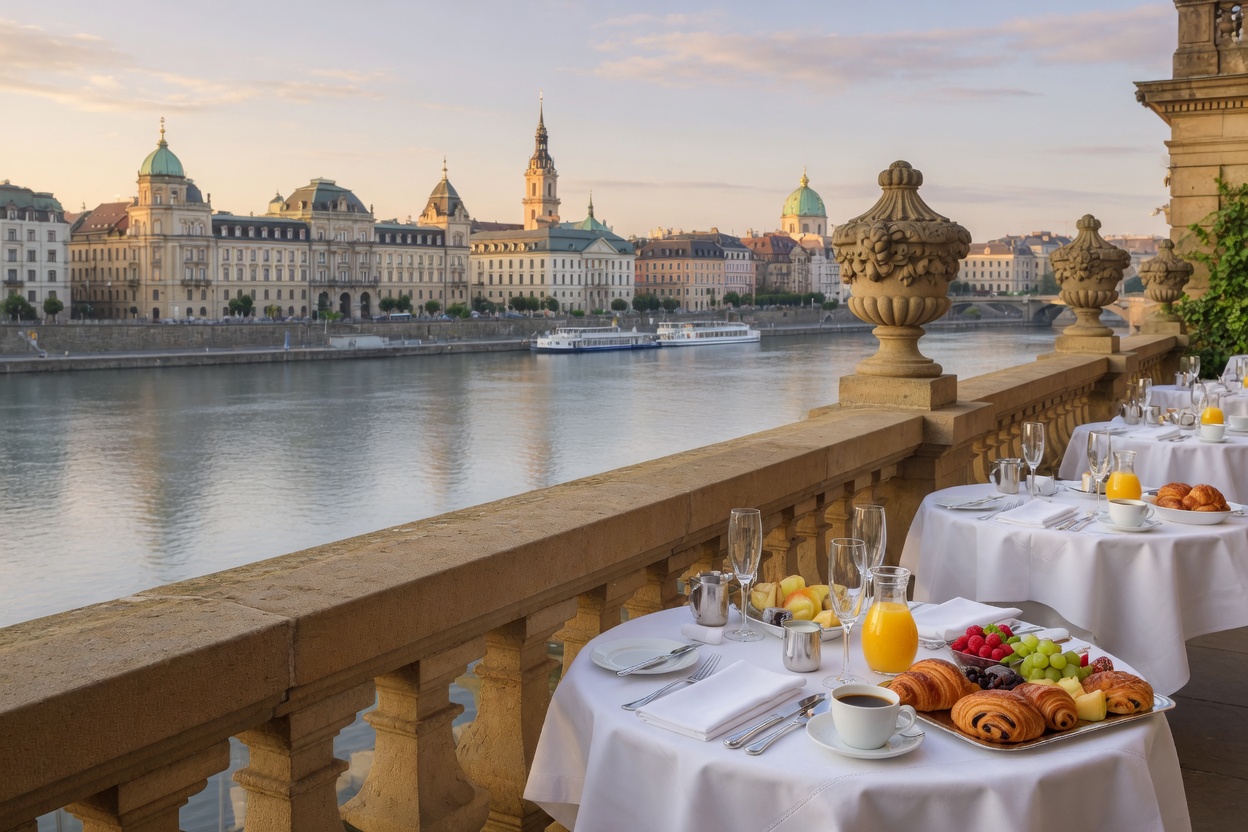 Frühstück auf der Elbterrasse mit Blick auf Fluss und Skyline