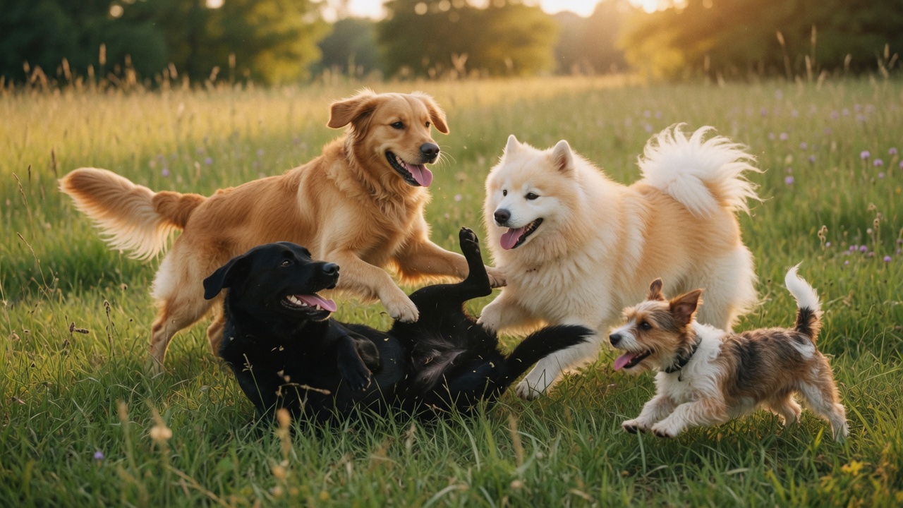 Vier Hunde toben gemeinsam auf einer sonnigen Wiese: Golden Retriever, Labrador, Samojede und Terrier.