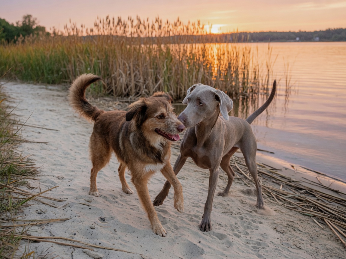 Zwei Hunde begrüßen sich am Seeufer bei Sonnenuntergang.