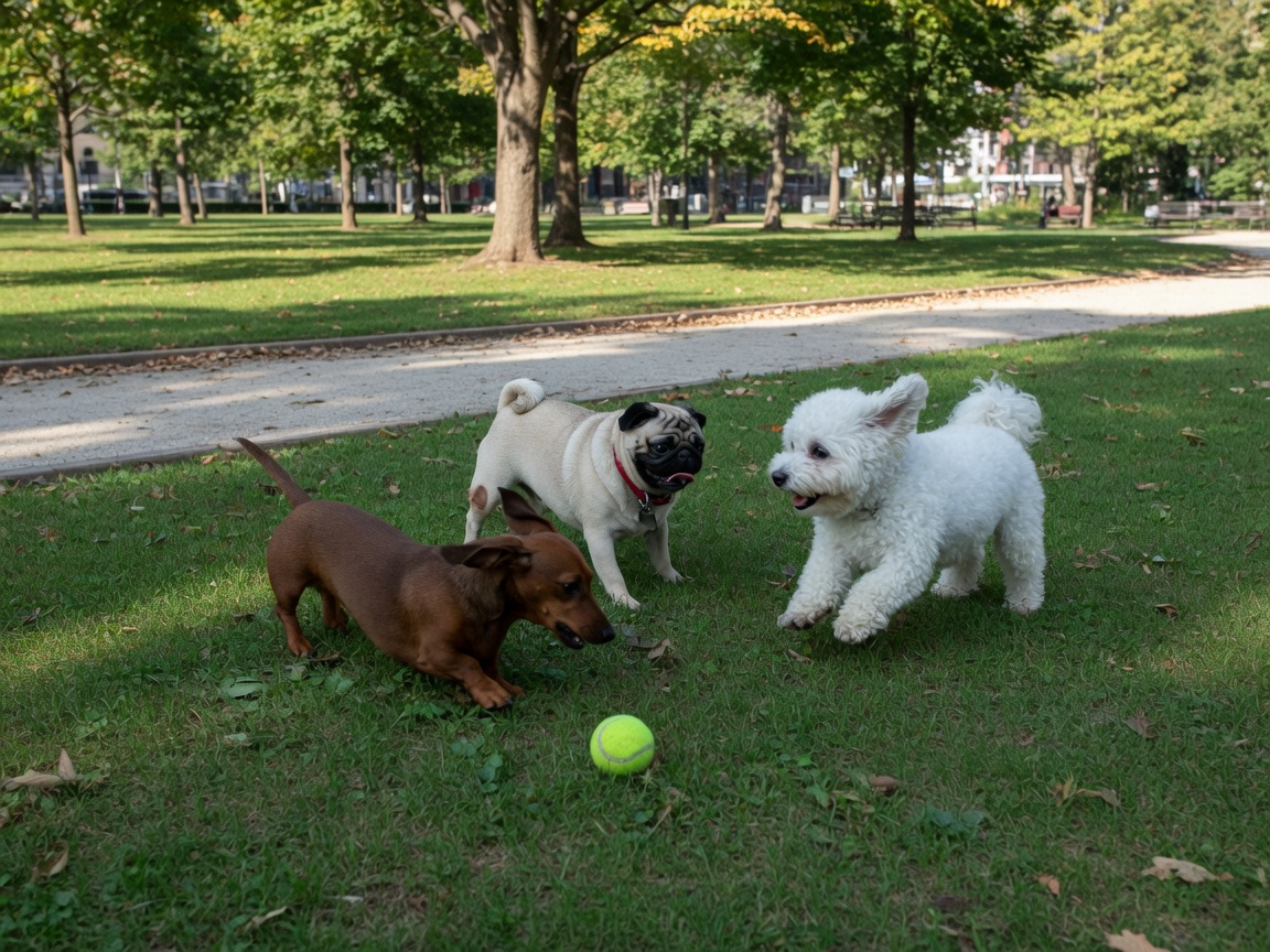 Dackel, Mops und kleiner weißer Hund spielen mit einem Tennisball im Stadtpark.