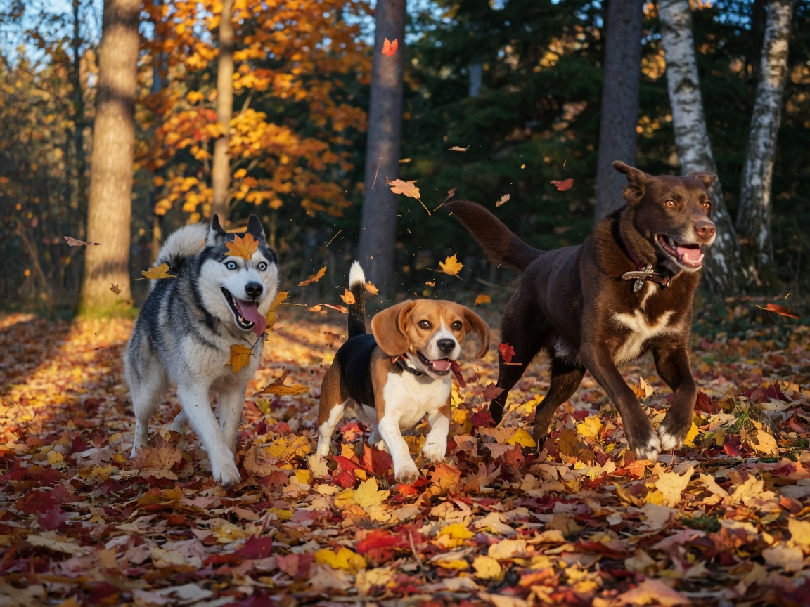 Husky, Beagle und brauner Mischling rennen durch Herbstlaub im Wald.
