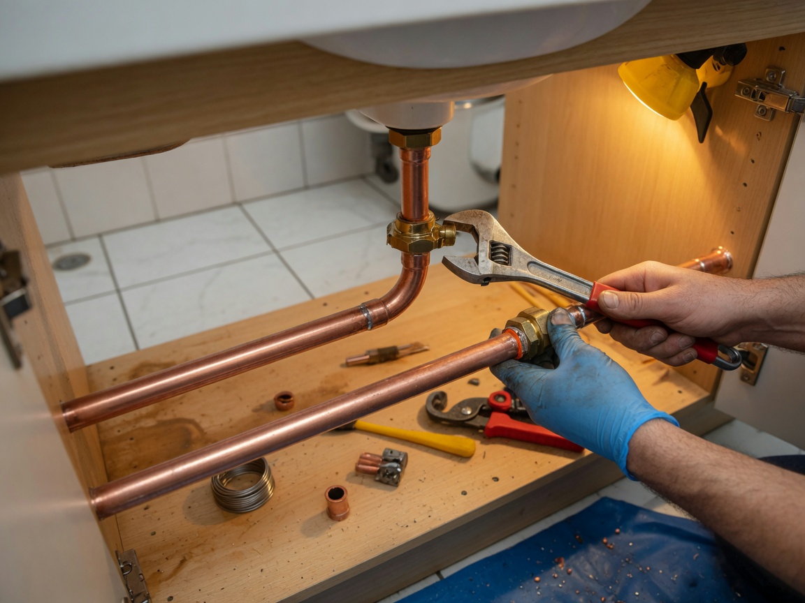 Kupferrohrverlegung unter einem Waschbecken