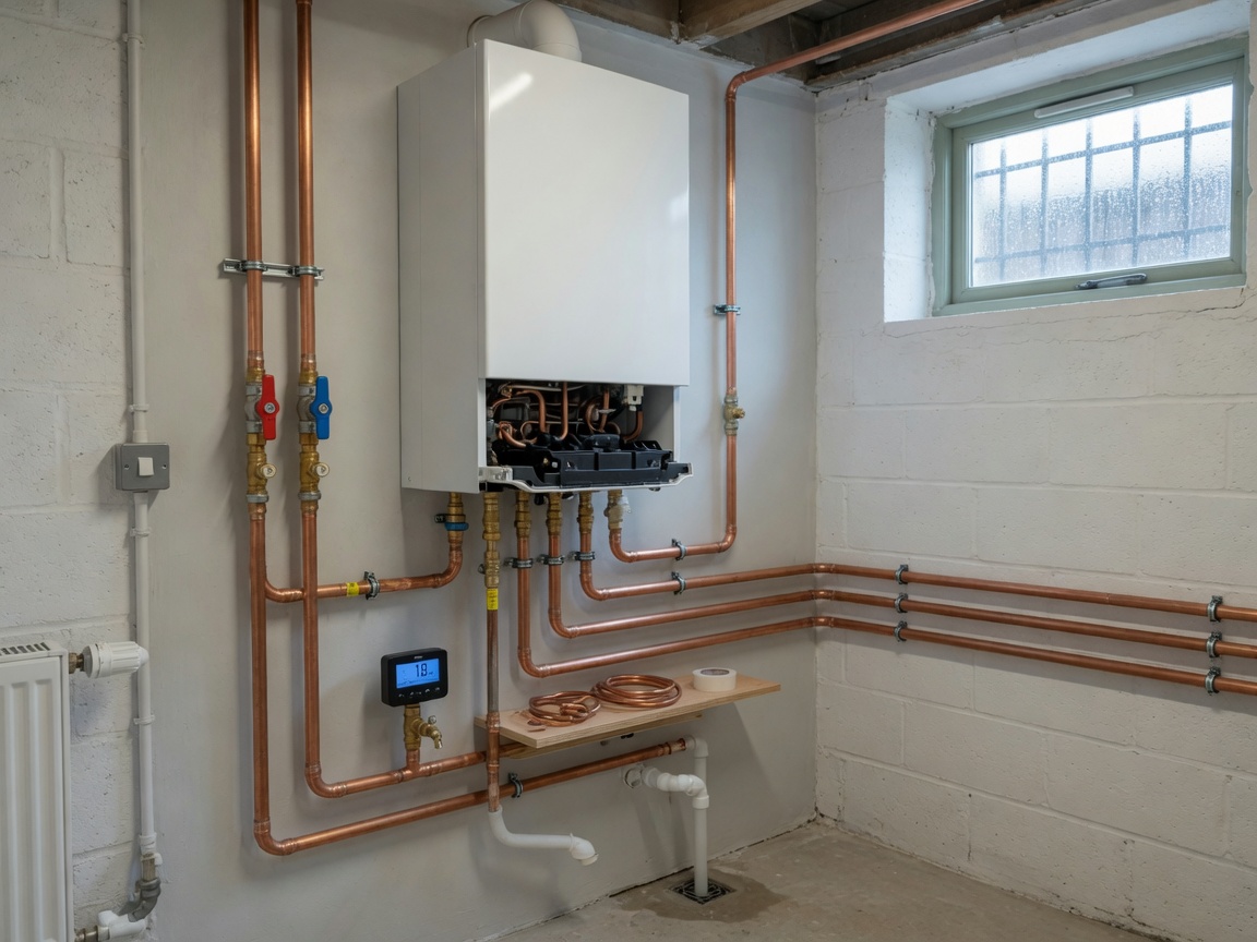 Gastherme mit Kupferleitungen im Heizraum