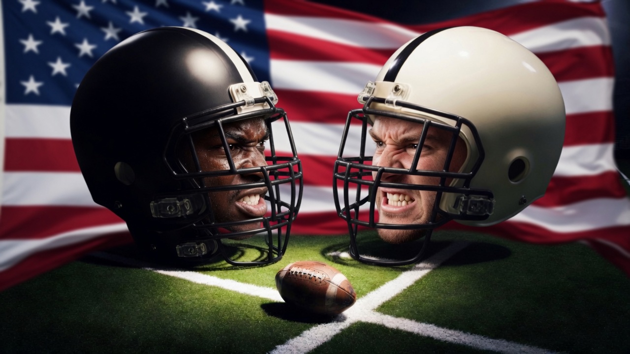 Two players in helmets face off on the field, a waving American flag behind them.