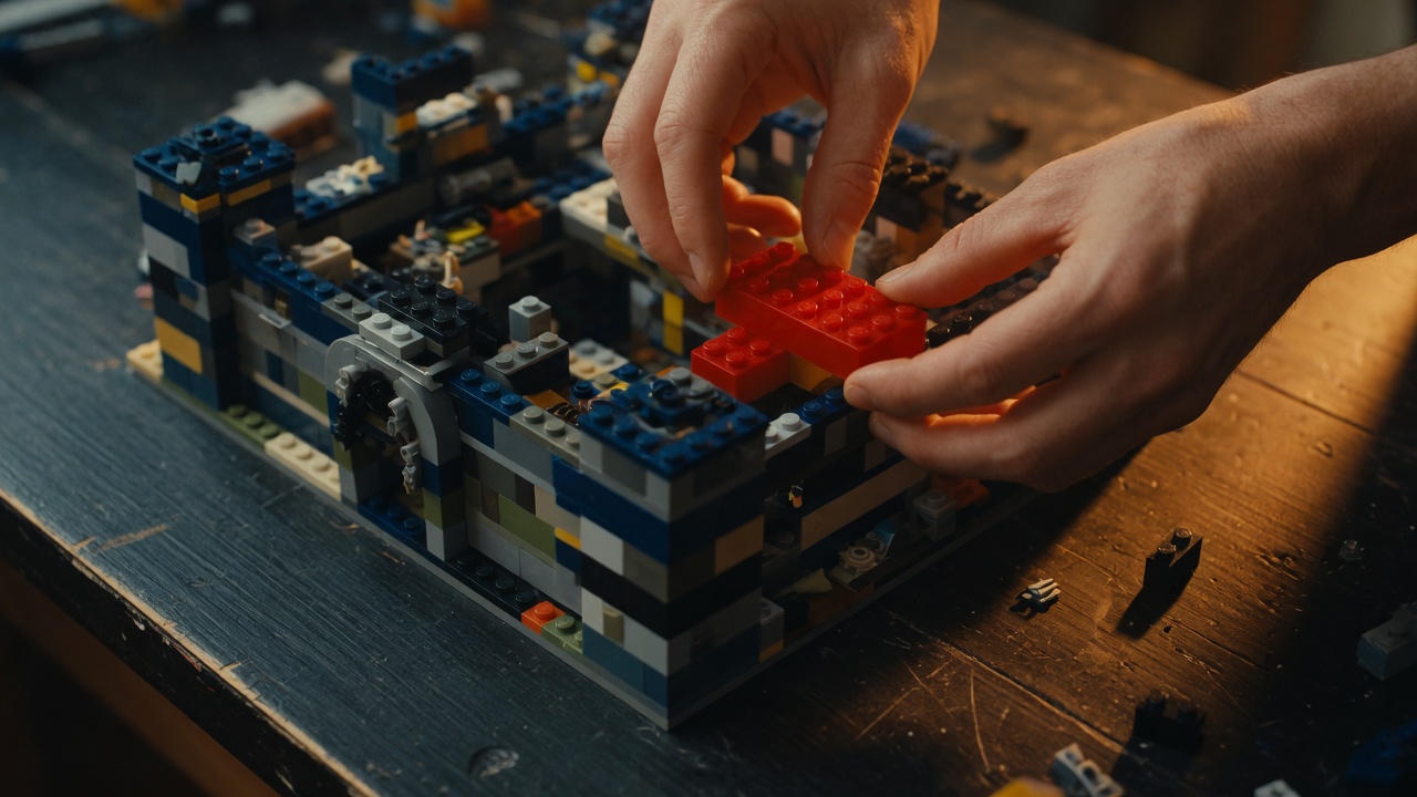 Hände setzen einen roten Stein auf ein halb fertiges LEGO-Modell