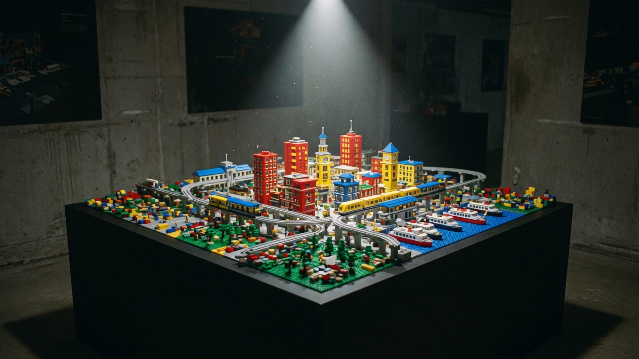 LEGO-Stadtmodell auf einem schwarzen Sockel in einer dunklen Galerie, von oben angestrahlt