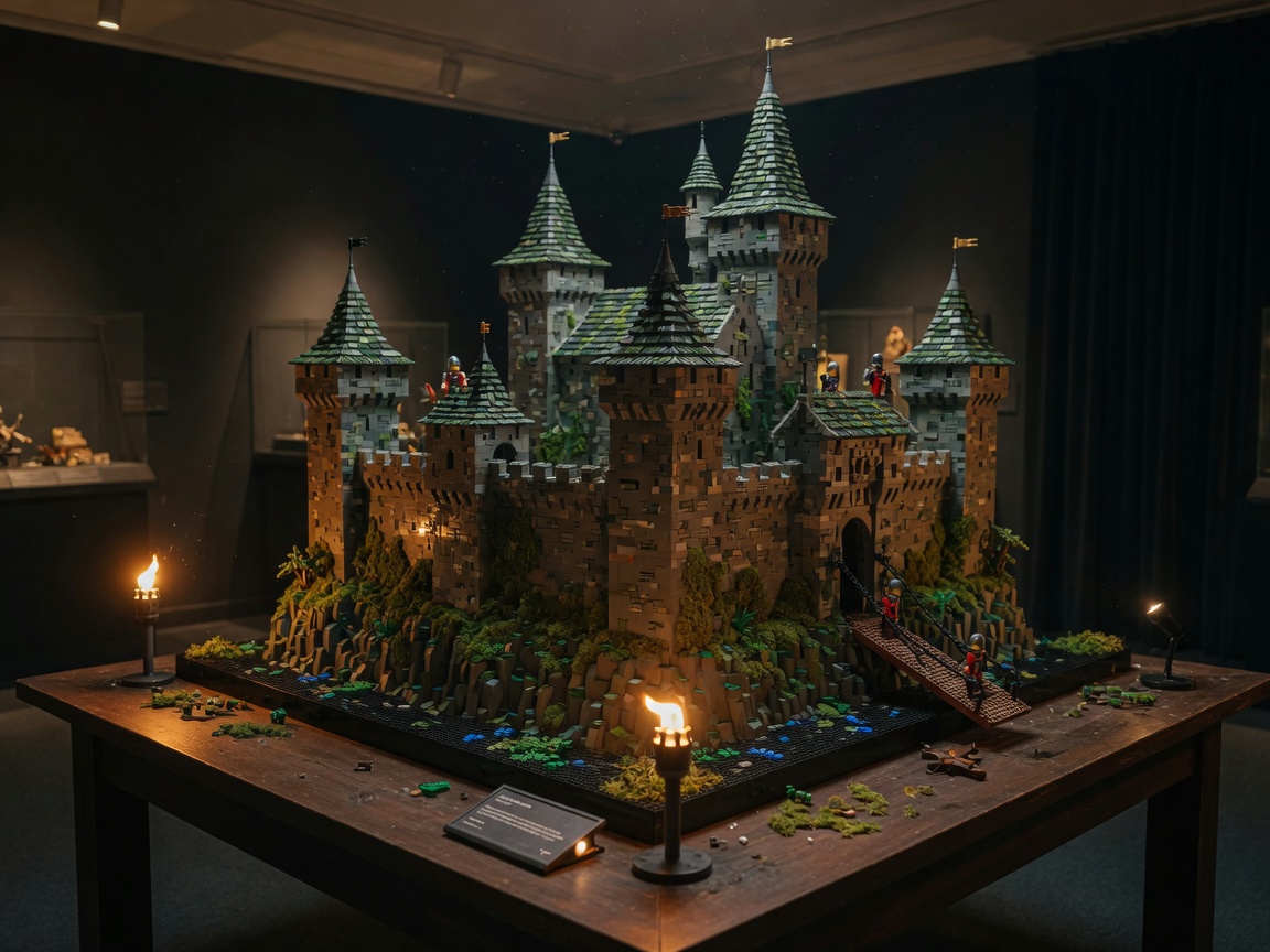 Mittelalterliche LEGO-Burg auf einem Holztisch mit Fackeln