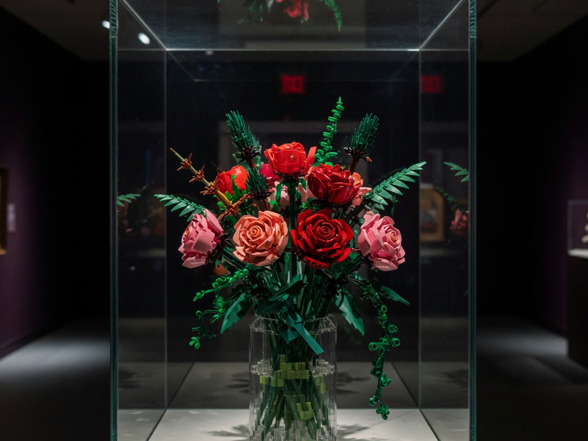 LEGO-Rosenstrauß in einer Glasvitrine