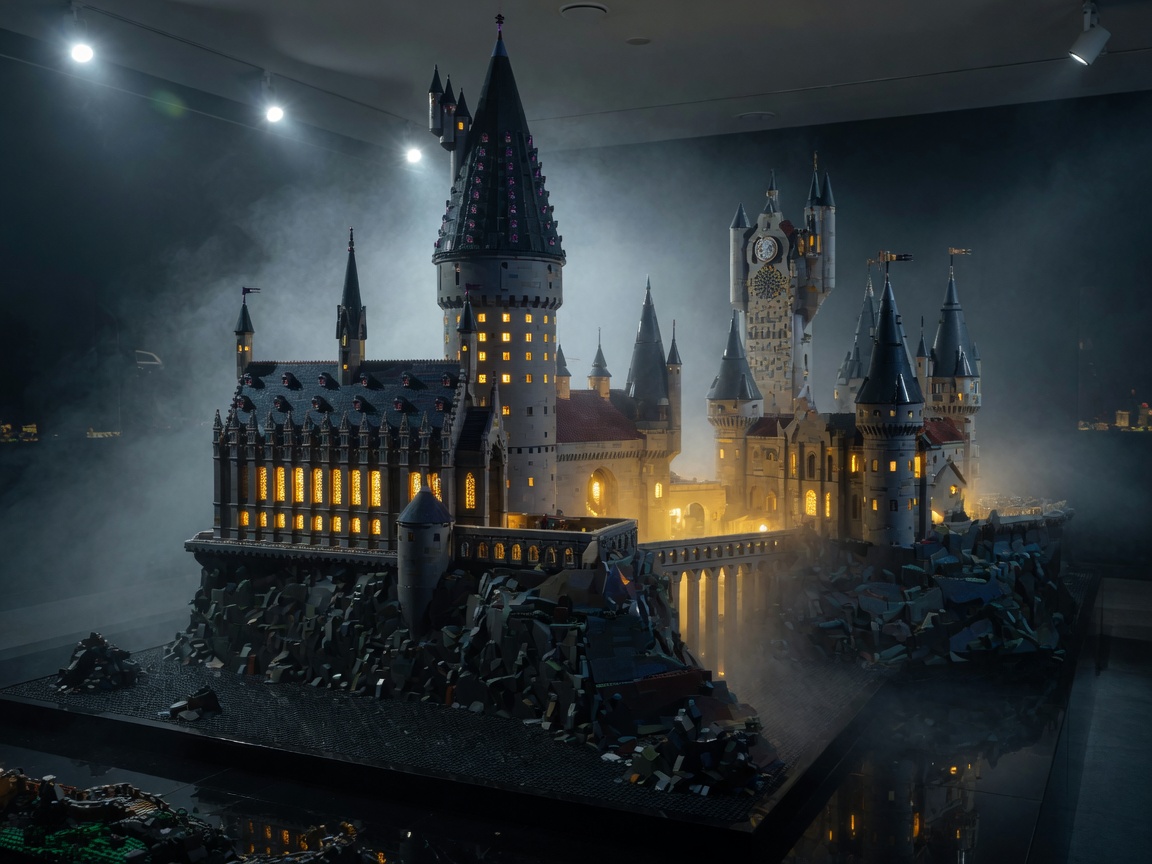 Großes gotisches Schloss aus LEGO-Steinen im Nebel, Fenster leuchten warm