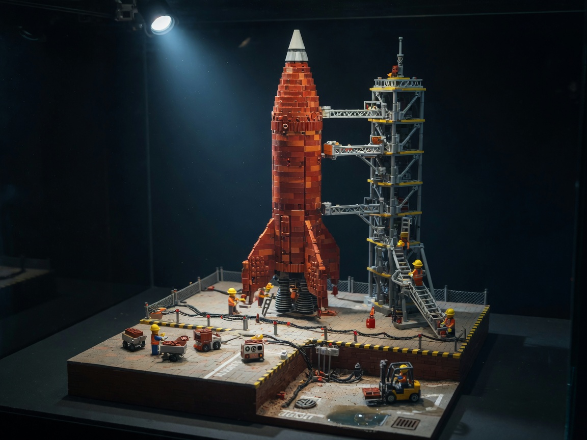 LEGO-Rakete auf dem Startplatz mit Minifiguren
