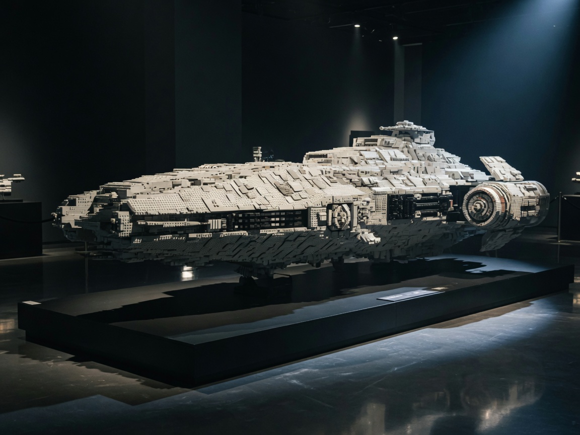Großes graues LEGO-Raumschiff auf einem schwarzen Sockel unter Spotlicht