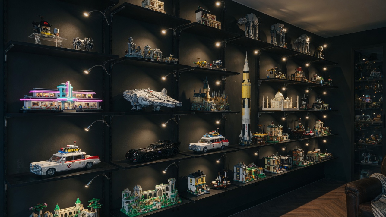 Schwarze Wandregale voller beleuchteter LEGO-Sets in einer privaten Sammlung