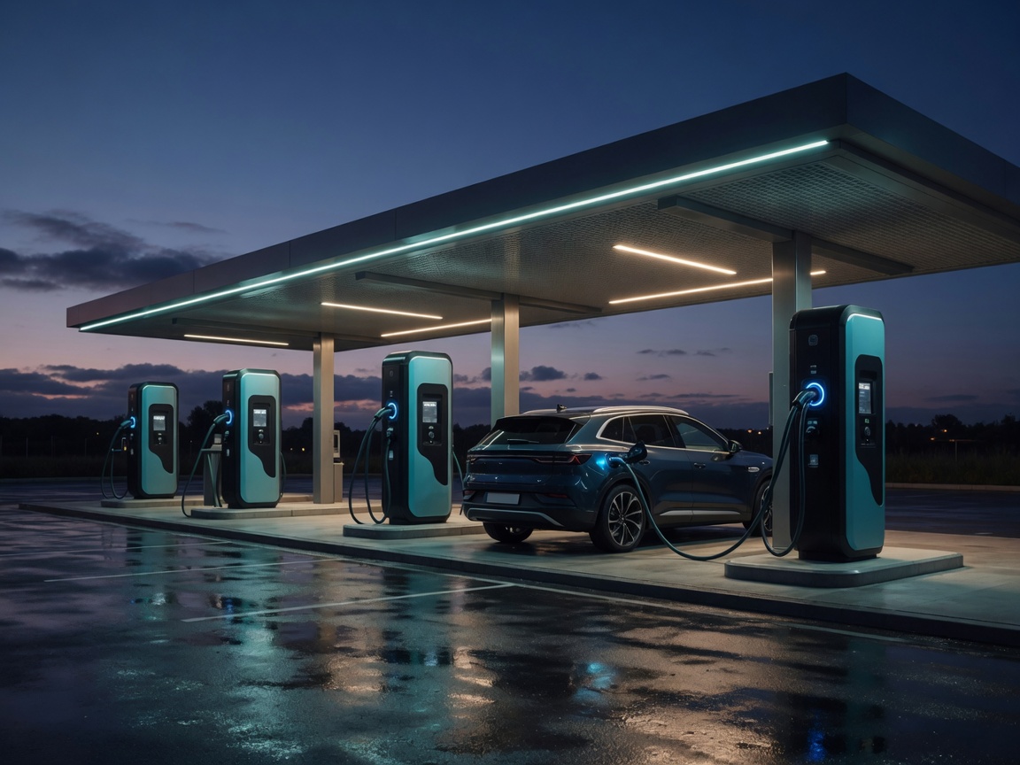HPC-Ladesäulen unter eigenem Dach, ein SUV hängt am Kabel