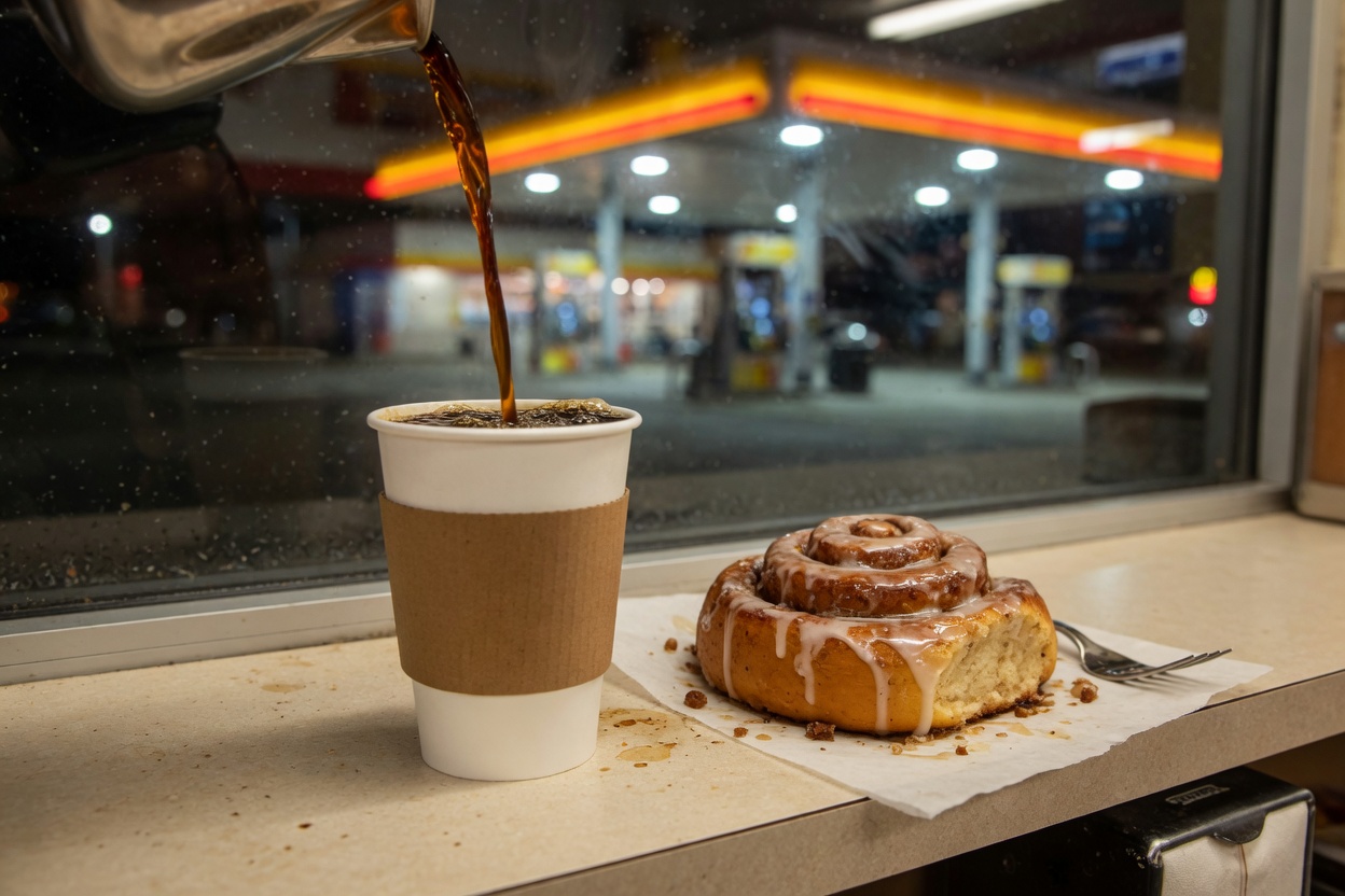 Kaffee wird in einen Becher gegossen, Zimtschnecke daneben
