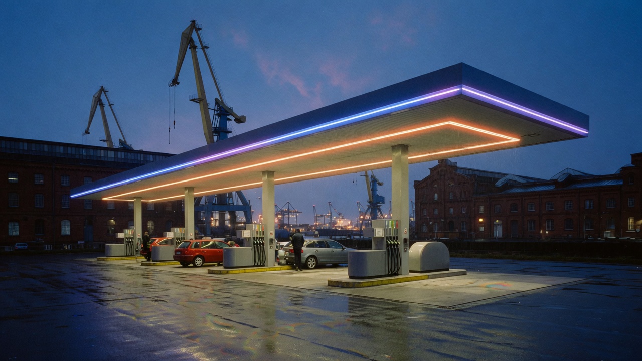 KANTO-Tankstelle bei Blauer Stunde unter LED-Dach, Hafenkräne im Hintergrund