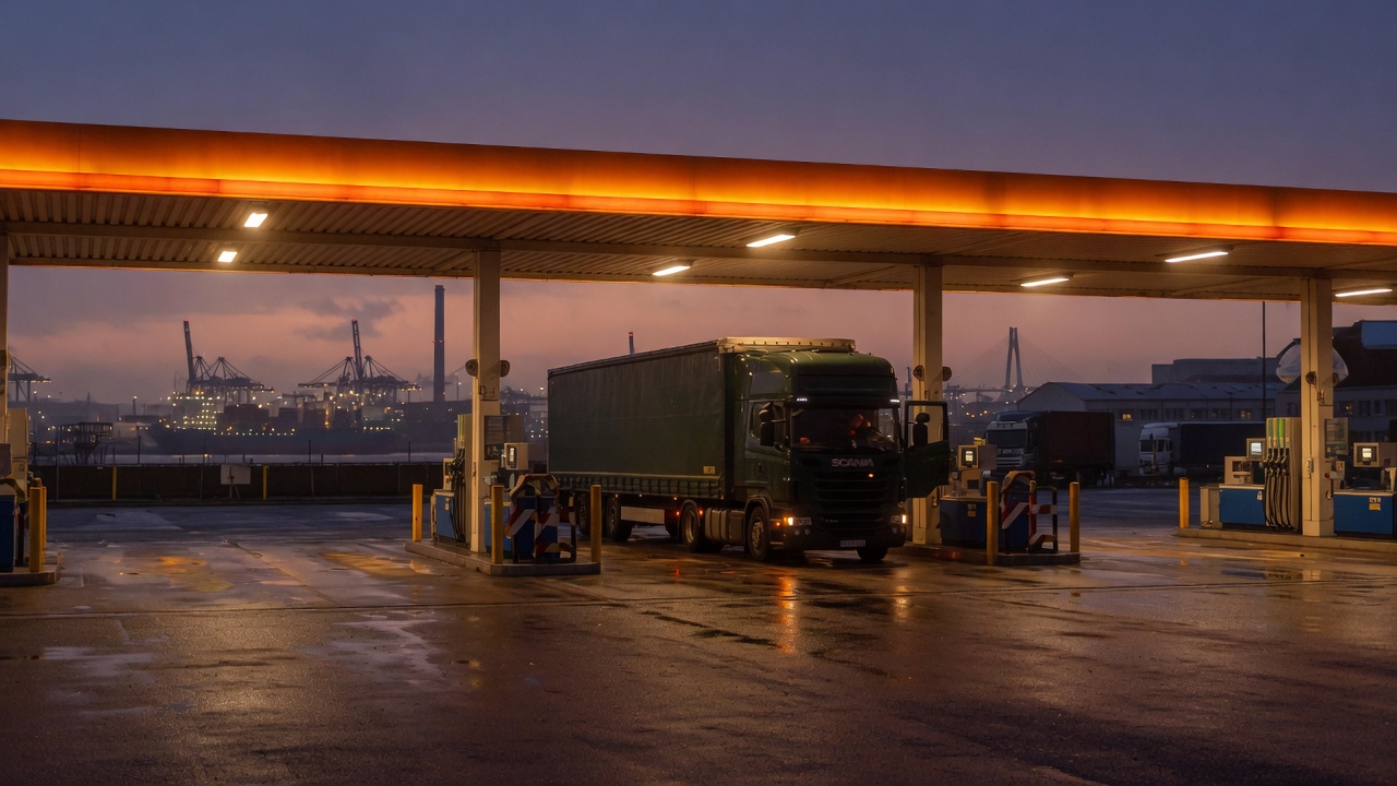 Lkw an der hohen Dieselinsel bei Dämmerung, Hafenkräne hinten