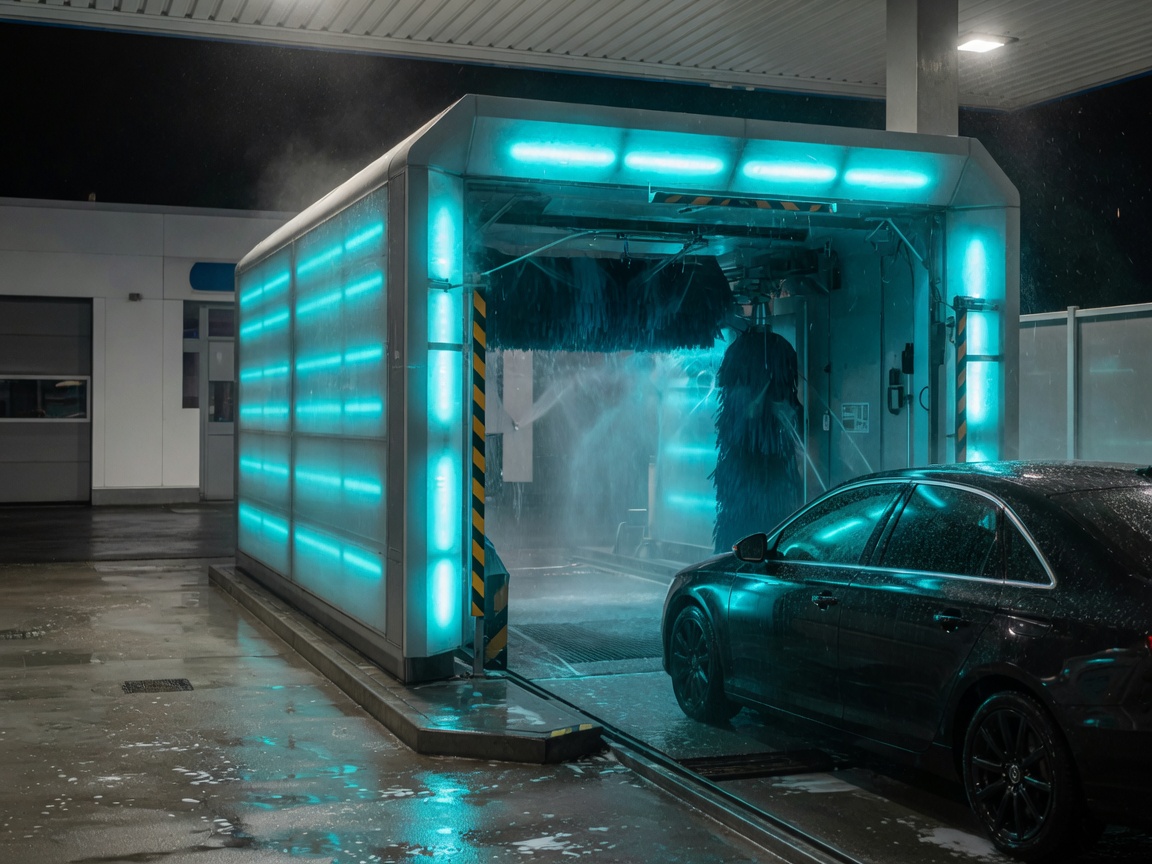 Waschportal bei Nacht, türkises Licht, dunkle Limousine fährt ein